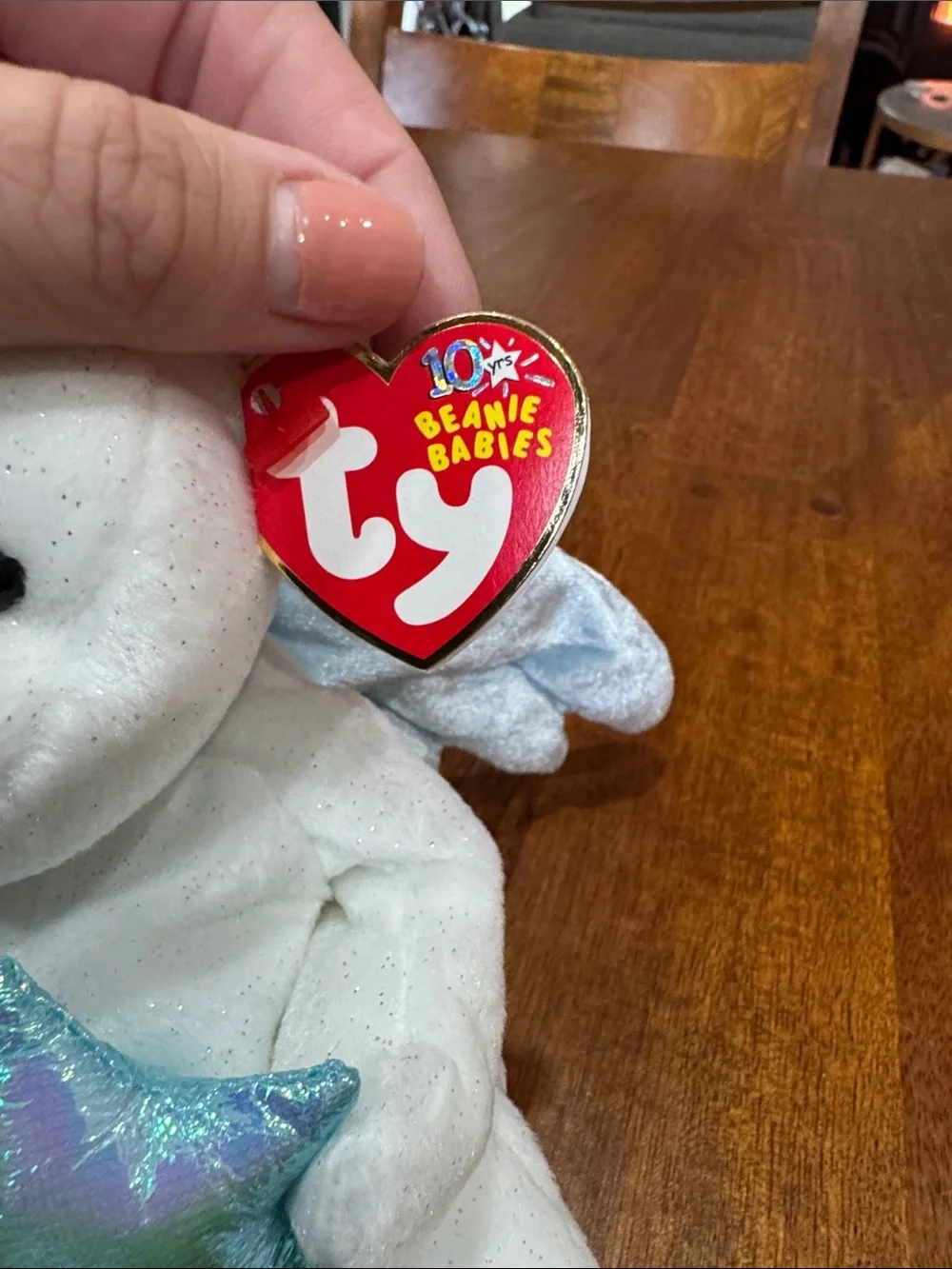 Ty Beanie Babies “Star” White Sparkle Bear Plush with Iridescent Star
